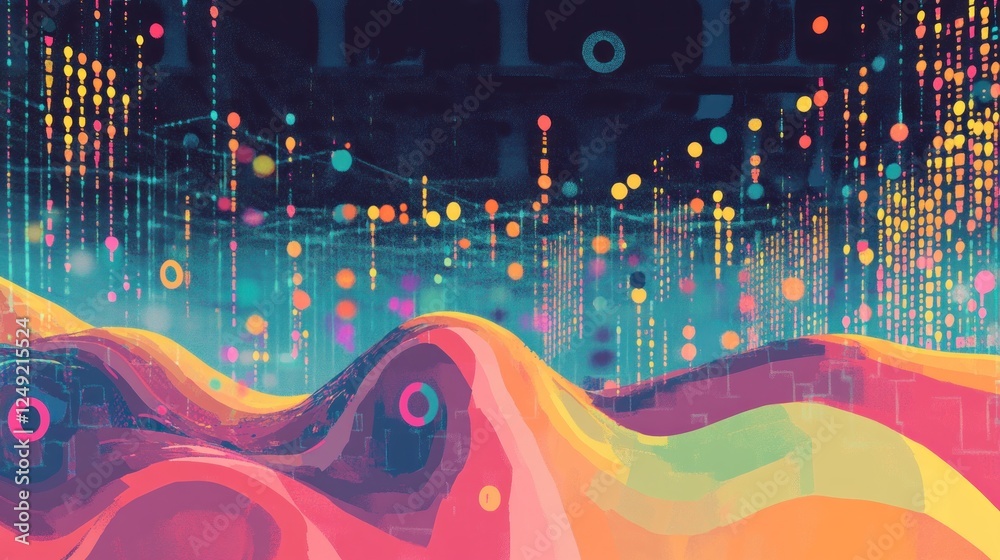 Poster Abstract colorful data visualization with flowing hills and vibrant dots, lines, and circles representing information.