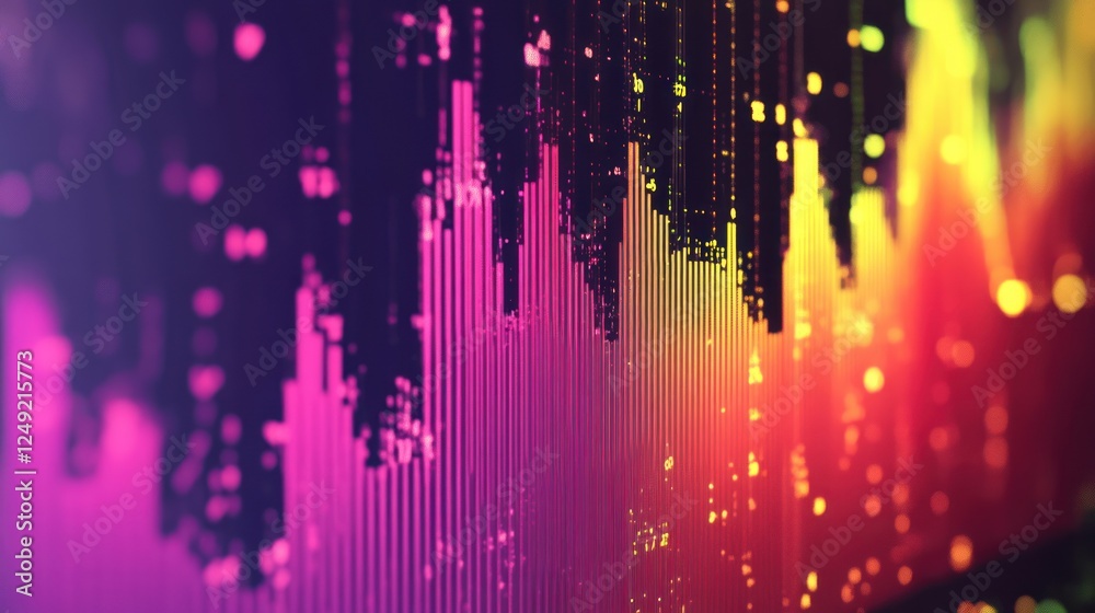 Poster abstract colorful digital data visualization with glowing lines and bokeh effects.