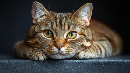 close up of tabby cat with green eyes resting on dark surface, looking calm and curious