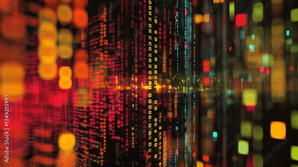 Poster abstract colorful digital data stream, binary code, glowing matrix background.
