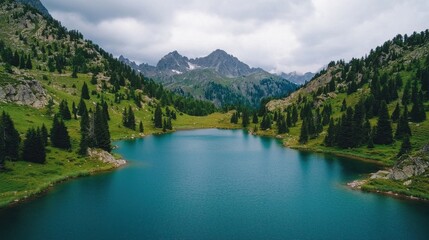 A serene lake surrounded by lush greenery and majestic mountains under a cloudy sky, embodying nature's tranquility and beauty.