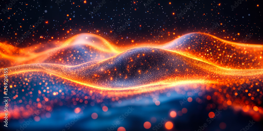 Poster abstract high-dimensional data visualization with glowing particle waves for complex analysis