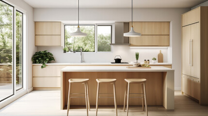 A Japandi-inspired kitchen with light wooden cabinets, white quartz countertops, and a neutral backsplash. The island features a sleek integrated sink with a chrome faucet and minimalist wooden barsto