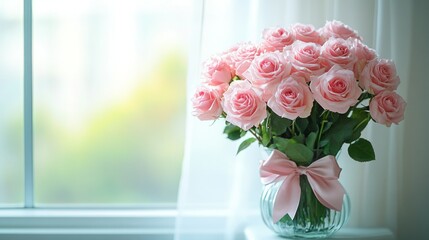 Obraz premium Soft Pink Roses in a Glass Vase with a Bow by a Window