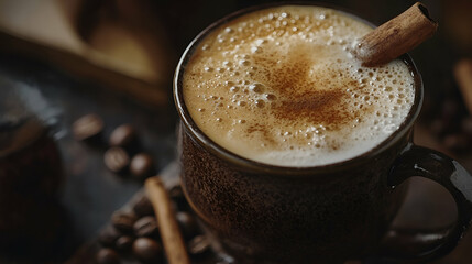Aromatic spiced latte in rustic mug, close-up shot showing rich foam and cinnamon stick.  Perfect for autumn or winter beverage concepts.