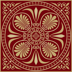 Vector red and gold colored square ornament of ancient Greece. Classic tile pattern of the Roman Empire