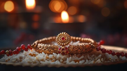 Elegant Gold Bracelet with Red Gemstones on Rice with Candlelight