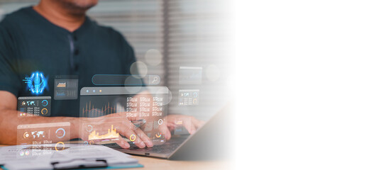 Harnessing Data Insights The Future of Analytics, Professional analyzes data on laptop, enhanced with digital graphs and metrics, seamless integration of technology in business decision-making