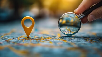 Focused Hand Holding Magnifying Glass Over Map Location Pin