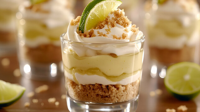 Delicious Key Lime Pie Parfaits in glasses, garnished with whipped cream and lime wedges. Perfect for summer recipes and dessert photography.