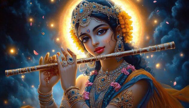 Divine Flute Player Krishna in Moonlight