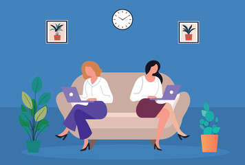 Illustration of two businesswomen working on laptops while sitting on a sofa in a modern office. Professional workspace, productivity, remote work, teamwork, and business environment concept.