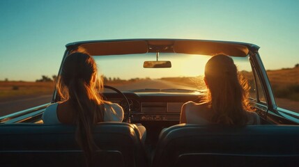 Fototapeta premium A cinematic still of young women sitting in a classic car, looking towards the horizon as they embark on a road trip
