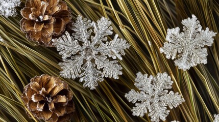 A close-up of snowflakes resting on pine needles, showcasing intricate natural details