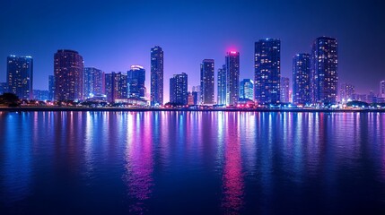 Fototapeta premium Majestic City Skyline Illuminated by Vibrant Night Lights Reflecting Perfectly in Tranquil Water Creating a Captivating Urban Landscape Full of Life and Energy in the Heart of the City