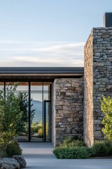 Fototapeta premium Modern architecture meets nature in a stunning stone building surrounded by lush greenery and mountains during golden hour