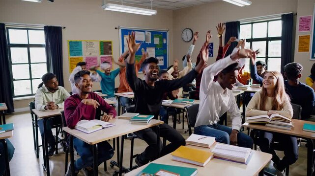 High school students actively participate in a classroom discussion, demonstrating enthusiasm and raising their hands to contribute their thoughts and perspectives