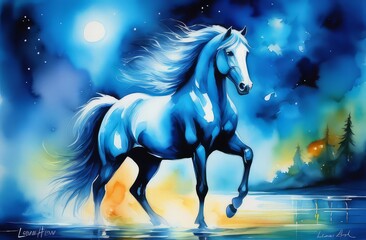 Magic Bright Blue horse Watercolor Drawing