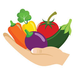 Hand Holding Fresh Vegetables: Cartoon Illustration of Healthy Eating with Tomato, Pepper, Eggplant, Zucchini, and Greens