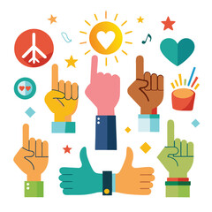 Obraz premium Colorful Vector Illustration of Diverse Hands Pointing Up with Peace Sign, Heart, Sun, and Music Notes for Unity and Positivity