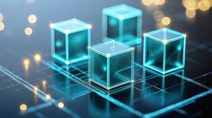 futuristic network connecting floating transparent cubes with glowing accents on reflective surface Data visualization technology