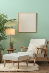Scandinavian living room setup featuring a minimalist armchair, cozy ottoman, decorative plants, table lamp, and blank frame for personalized art display.