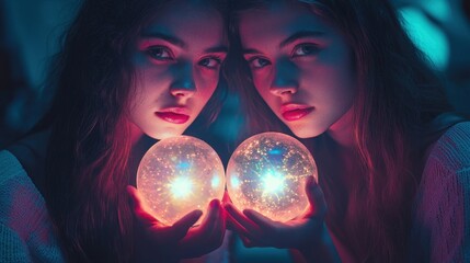 Naklejka premium A conceptual portrait of young women holding glowing orbs, representing their shared energy and bond