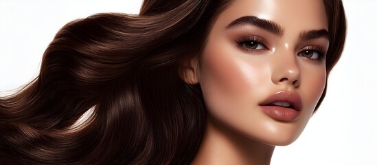 Obraz premium A captivating beauty portrait of a flawless model, an editorial fashion shoot. Insanely detailed photo of a beautiful woman with long hair, on a light background. Generative AI