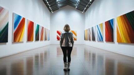 A woman in a stylish silver outfit stands in front of large art pieces, contemplating the colors...