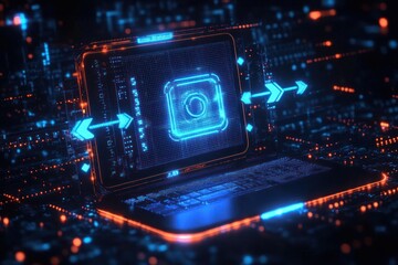 Obraz premium Digital Data Transfer Concept with Laptops and Arrows in Neon Light on Dark Background