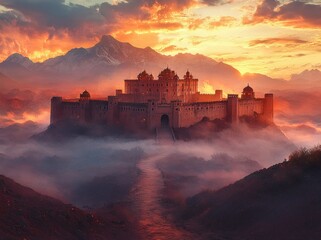 Fototapeta premium Majestic Fortress Path to Ancient City Civilization Ruins at Sunset in Desert Mountains