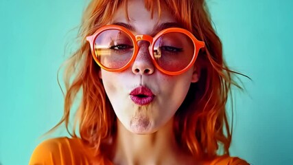 Happy Woman Blowing Bubblegum Bubble - Fun, Retro Style Portrait with Colorful Background - Cheerful Expression, Playful Mood, Summer Fashion - Powered by Adobe