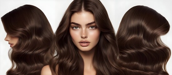 Obraz premium A captivating beauty portrait of a flawless model, an editorial fashion shoot. Insanely detailed photo of a beautiful woman with long hair, on a light background. Generative AI