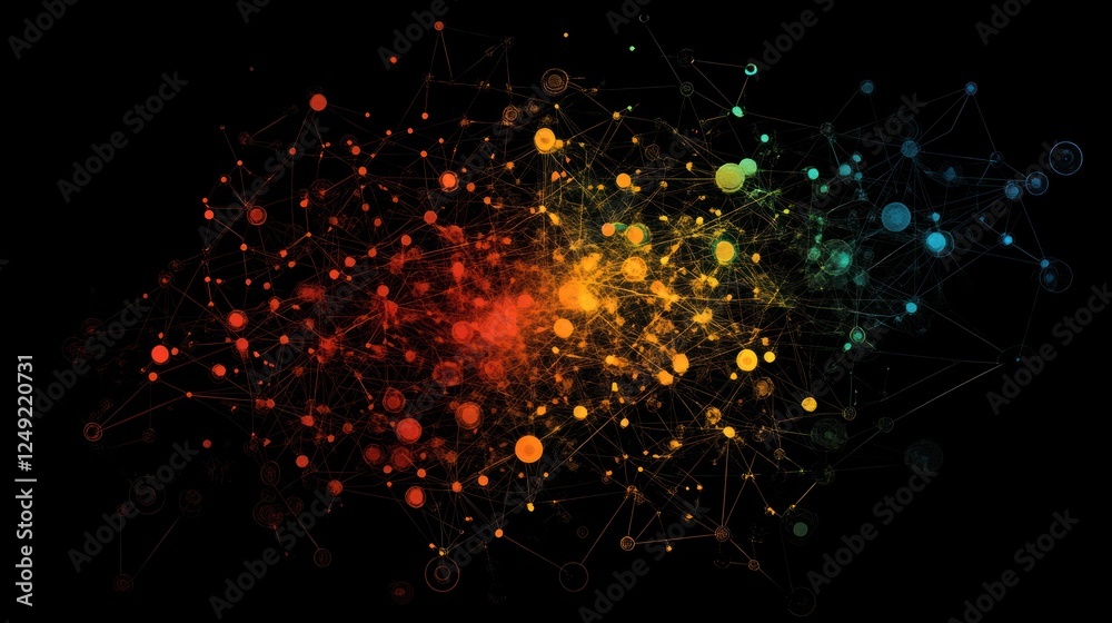 Poster abstract colorful network connection with nodes and lines on black background.