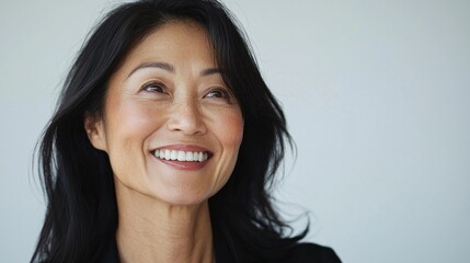 Fototapeta premium A beautiful mature Asian woman showcases a radiant smile, exuding confidence and joy in a studio environment. Her close-up portrait captures warm, inviting expressions against a simple white backdrop