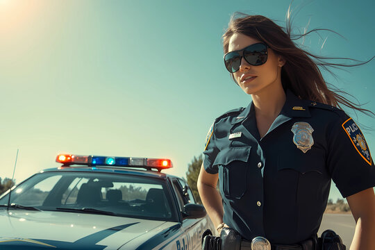 Confident female police officer wearing sunglasses, standing next to a patrol car with flashing lights. Law enforcement, authority, and security concept