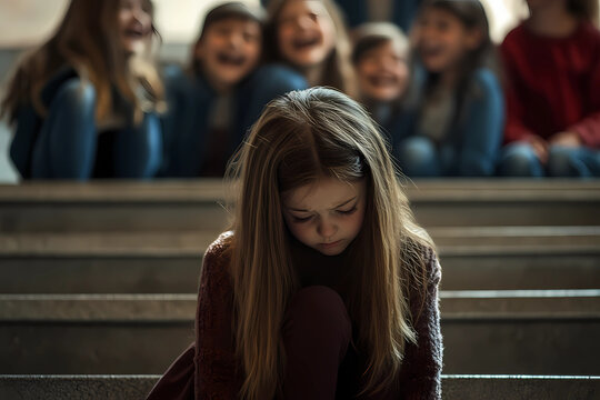 Sad girl sitting alone on stairs while a group of laughing children mocks her in the background. Concept of bullying, loneliness, and social exclusion.