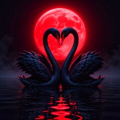 Black swan couple in love with red moon on the background.