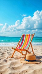 Beach chair with straw hat and deck chair on the sandy beach, Concert summer 