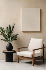 Minimalist living room setup featuring a modern white armchair, side table, decorative plant, and blank canvas for artwork display. Home decor inspiration.