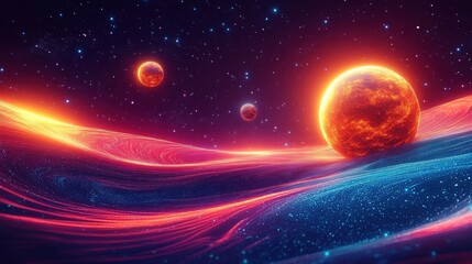 Vibrant Cosmic Landscape Fiery Planet Colorful Orbits Digital Art