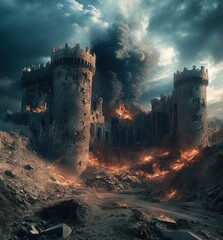 Fototapeta premium Destruction of Jericho Ancient Castle Crumbling Walls Biblical Miracle Christian Faith Battle Victory Fortress