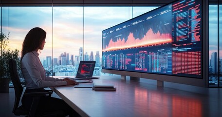 Business Analyst Woman Analyzing Financial Data in Modern Office with Digital Display