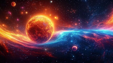 Obraz premium Vibrant Cosmic Landscape Glowing Planet with Colorful Orbits in Digital Art
