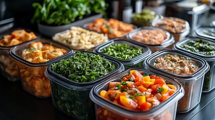 Obraz premium A Vibrant Display of Culinary Art Featuring an Array of Colorful Containers Filled with Fresh Ingredients and Delicious Dishes Set on a Rustic Wooden Table for a Wholesome Dining Experience