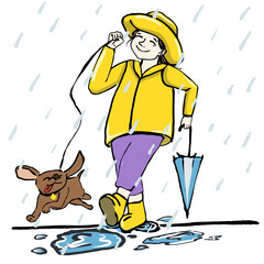 Illustration a girl with a dog in a rain. Hand draw, vector, isolated. Funny and simple.