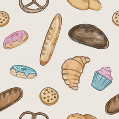 Seamless pattern.Pretzel, donut, muffin, croissant, chocolate cookie, bread and bread roll, baguette. Vector, isolated, hand draw. Cartoon style, pencil texture.