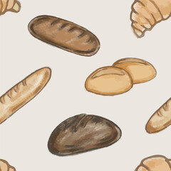 Bread and bread roll, baguette pattern. Vector, isolated, hand draw. Cartoon style, pencil texture.