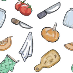 Pattern of different vegetables, kitchen utensil. Hand draw pencil texture. Vector, isolated.