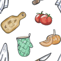 Seamless pattern kitchen utensil. Hand draw pencil texture. Vector, isolated.
